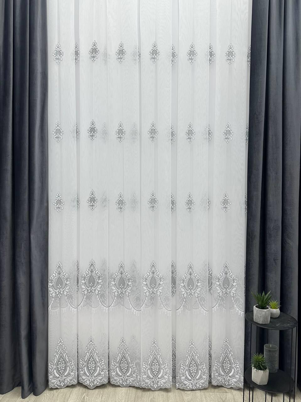 Тюль на основі бамбука з вишивкою. Колір: сірий, фото 1
