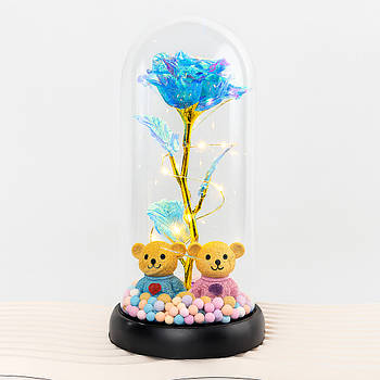 Вічна троянда в колбі з ведмежатами та підсвіткою, на батарейках, 18см / Квітка в колбі