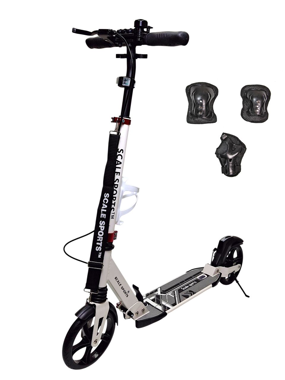 Самокат + захист 3 в 1 Scale Sports Elite PLUS SS-04 складний на дискових задніх гальмах. Білого кольору