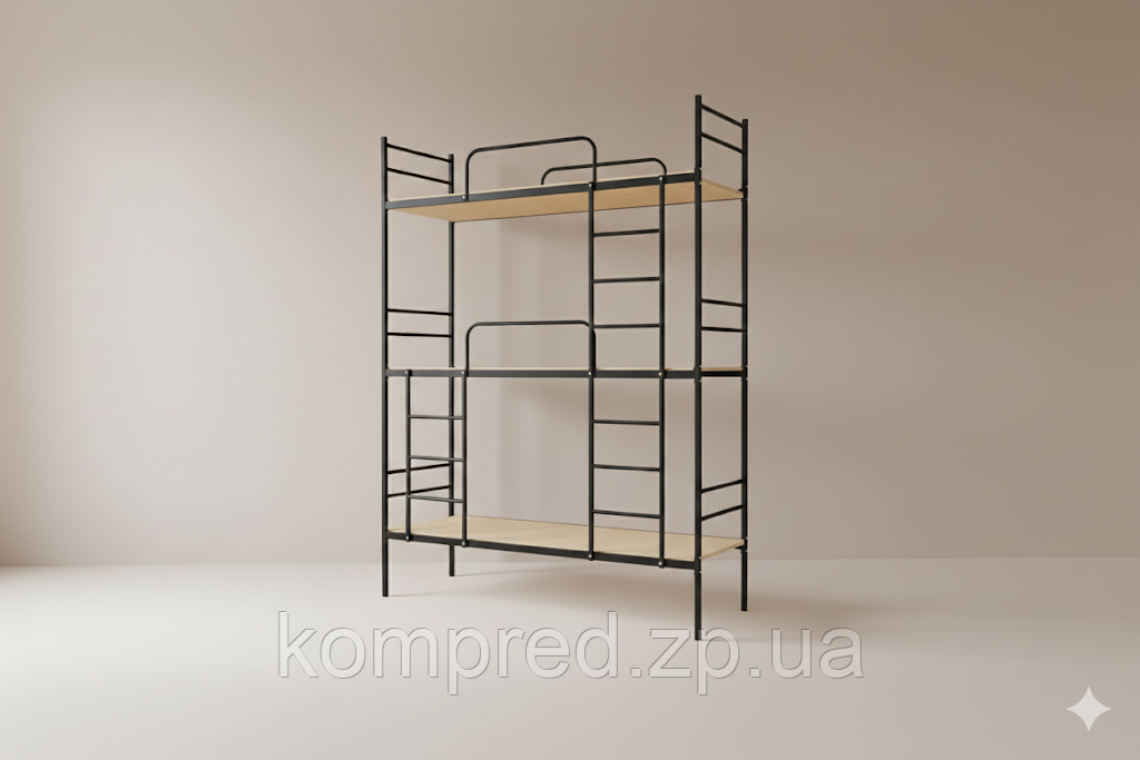 Ліжко металеве 3 ярусне армійське 1900х700х2500мм Чорне Kompred OL904 основа спального місця - фанера, фото 1