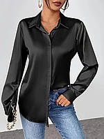 Женская атласная рубашка чёрная с длинным рукавом классическая чёрная блузка