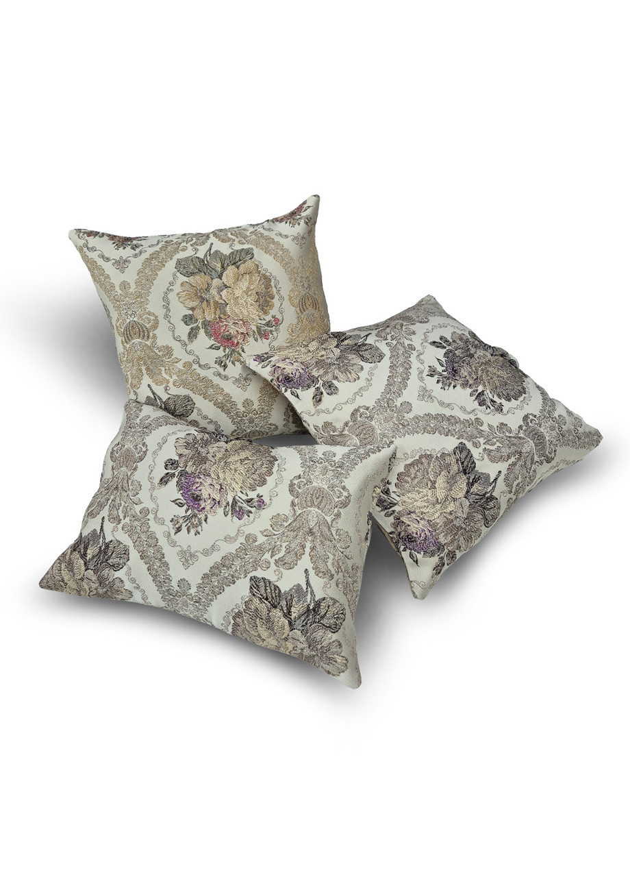 Комплект декоративних подушок Firanka Flowers 38х38см 2шт 38х27см 1шт бежевий з коричневим і сірим  (п_0804), фото 1