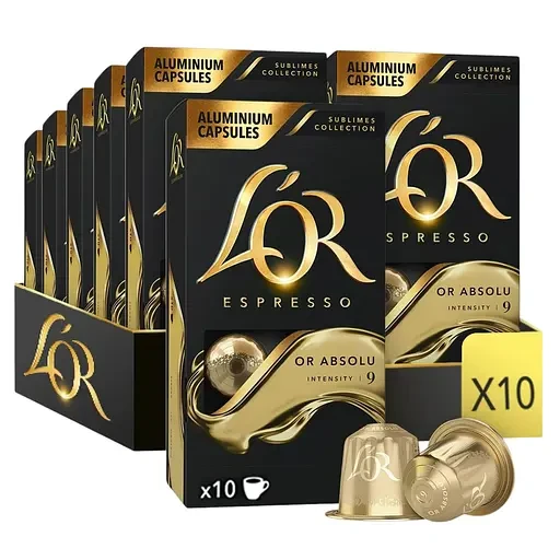 Ящик nespresso капсули L'OR Espresso Or Absolu 9 неспресо 10 уп Франція з нотками карамелі та прянощів, фото 1