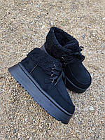 Ботинки угги ЧЕРНЫЕ UGG с манжетом  на высокой подошве со шнурками экоЗАМША теплые женские зима