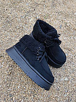 Черевики уги ЧОРНІ UGG з манжетом на високій підошві зі шнурками екозАМША теплі жіночі зима, фото 2