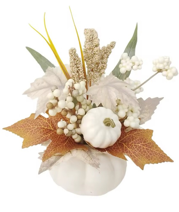 Осінній букетик зі штучним кленовим листям, гарбузом, горобиною 13 см
