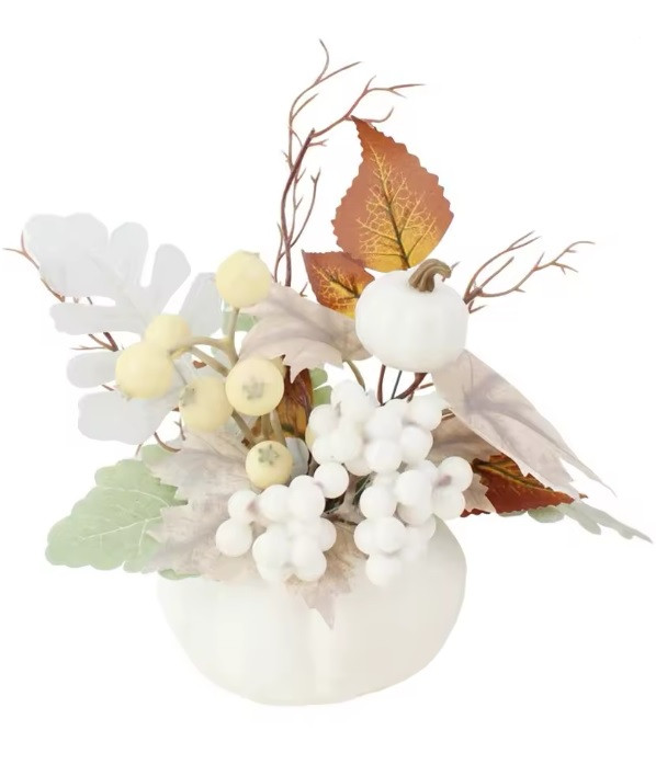 Осінній букетик зі штучним кленовим листям, гарбузом 13 см