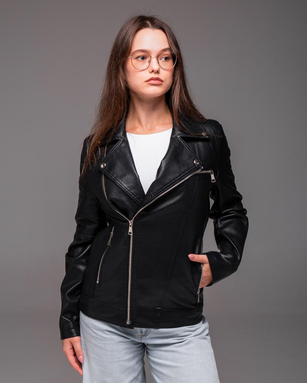 Жіноча косуха чорна шкіряна куртка весняна осіння демісезонна, фото 1
