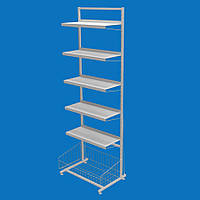 Стелаж торговий з листовими полицями 5 шт. і кошик накопичувальний, чорний