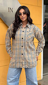 Вільна жіноча сорочка з фланелі у світло-бежеву карту батал