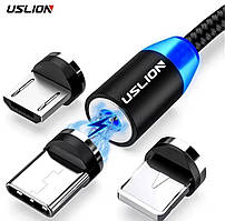 Магнітний кабель для заряджання 3в1 Uslion Чорний 95 см, Type-C/Lightning/MicroUSB (NS)