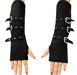Перчатки текстильні без пальців мітенки з ремінцями у корейському стилі рок готика чорний стимпанк (SVS), фото 4