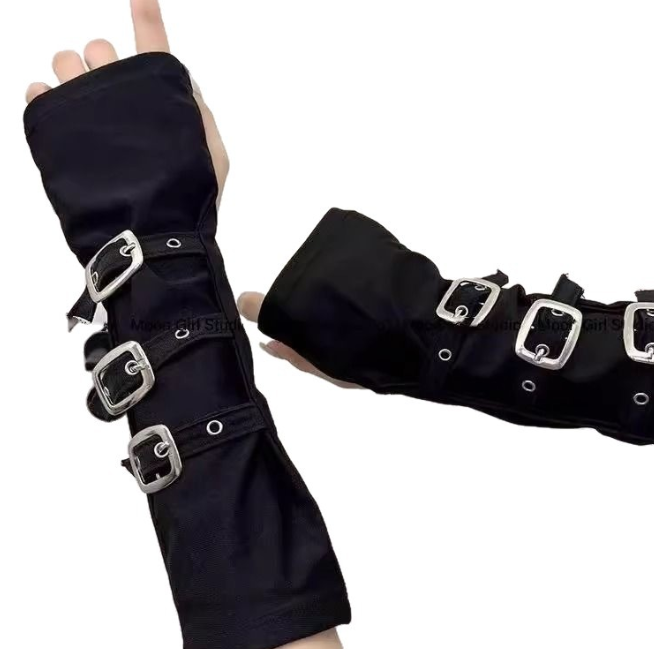 Перчатки текстильні без пальців мітенки з ремінцями у корейському стилі рок готика чорний стимпанк (SVS), фото 1