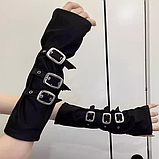 Перчатки текстильні без пальців мітенки з ремінцями у корейському стилі рок готика чорний стимпанк (SVS), фото 2