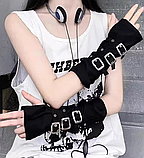 Перчатки текстильні без пальців мітенки з ремінцями у корейському стилі рок готика чорний стимпанк (SVS), фото 3