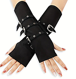 Перчатки текстильні без пальців мітенки з ремінцями у корейському стилі рок готика чорний стимпанк (SVS), фото 5