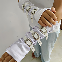 Рукавички текстильні без пальців мітенки з ремінцями у корейському стилі рок готика стимпанк білі