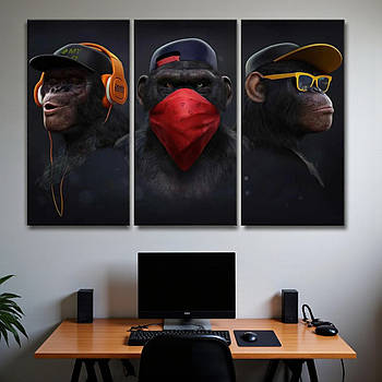 Картина три мавпи в бандані навушниках кепці Сучасний декор в інтер'єр Друк на полотні 90х60 з трьох частин
