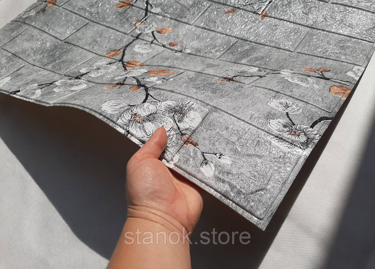 Декоративна самоклеюча 3D панель під білу цеглу із зображенням сакури. 700x770x5 мм., фото 1