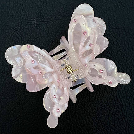 Краб для волосся елегантний пластик метелик із перламутром ніжно рожевого кольору з камінням розмір 6 см висота 6 см, фото 1