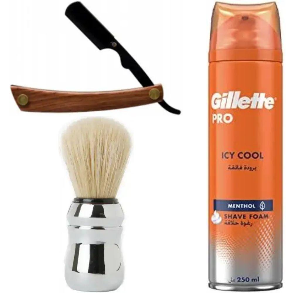 Небезпечна бритва/шавета розкладна Straight Razor + помазок Proraso + піна для гоління Gillette Pro Icy Cool з ментолом, фото 1