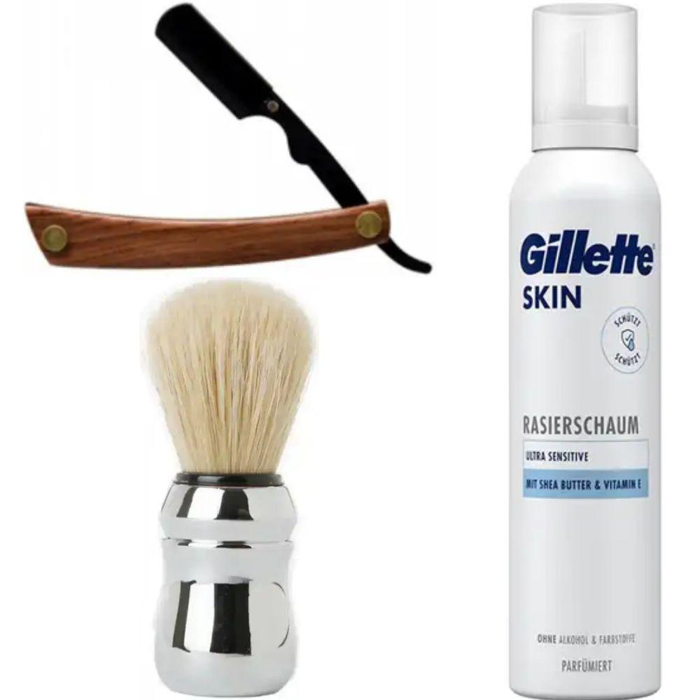 Небезпечна бритва/шавета розкладна Straight Razor + помазок Proraso + піна для гоління Gillette Skin Ultra Sensitive, фото 1