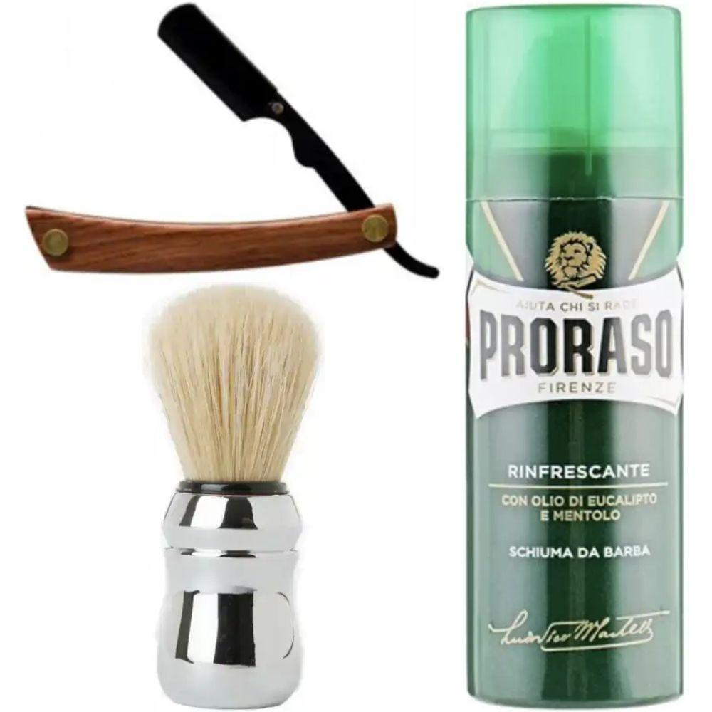 Небезпечна бритва/шавета розкладна Straight Razor + помазок Proraso + піна для гоління Proraso тонізуюча з евкаліптом і ментолом, фото 1