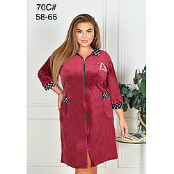 Жіночі великі халати бордового кольору на змійці "Велюр" Розміри: 58,60,62,64,66 (49116-3)