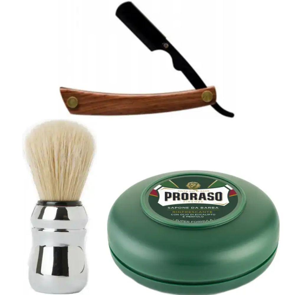Небезпечна бритва/шавета розкладна Straight Razor + помазок Proraso + мило для гоління Proraso Rinfrescante Green Eucalyptus 75 мл, фото 1
