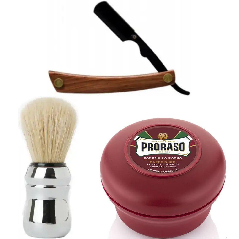 Небезпечна бритва/шавета розкладна Straight Razor + помазок Proraso + мило для гоління Proraso для жорсткої щетини з маслом, фото 1