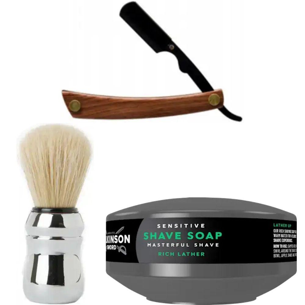 Небезпечна бритва/шавета розкладна Straight Razor + помазок Proraso + мило для гоління Wilkinson Sword для чутливої шкіри 125 г, фото 1