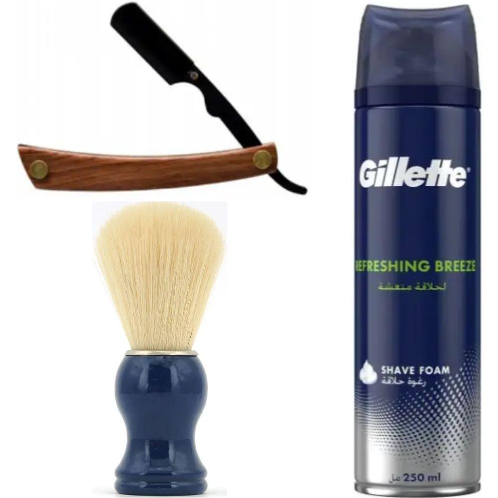 Небезпечна бритва/шавета розкладна Straight Razor + помазок SHIMA синій + піна для гоління Gillette Refreshing Breeze 250 мл, фото 1