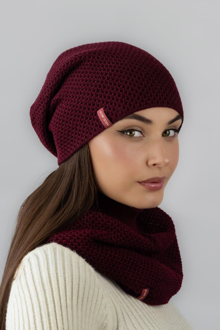 Шапка жіноча в'язана і хомут комплект бордо Жаклін 394W, фото 1