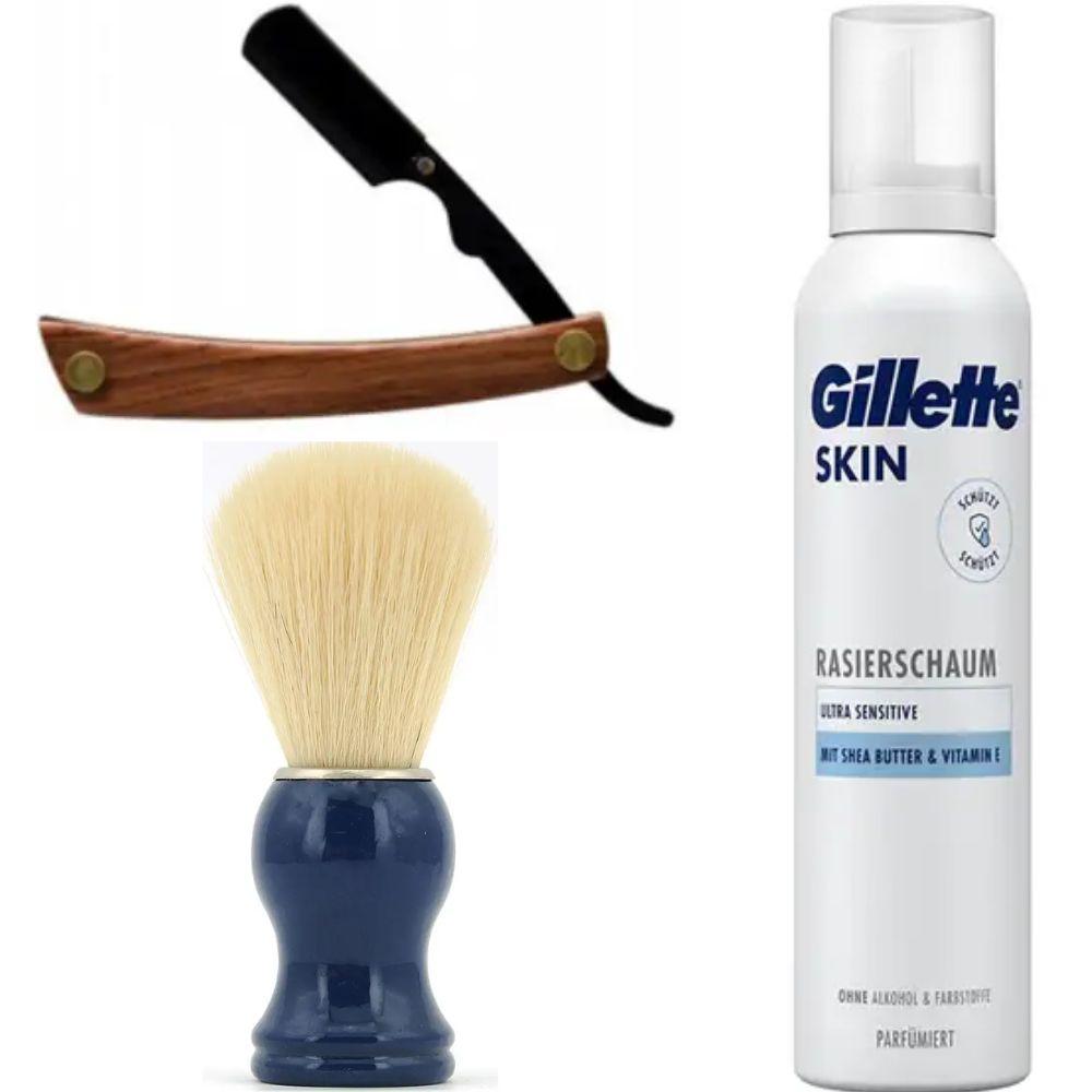 Небезпечна бритва/шавета розкладна Straight Razor + помазок SHIMA синій + піна для гоління Gillette Skin Ultra Sensitive, фото 1