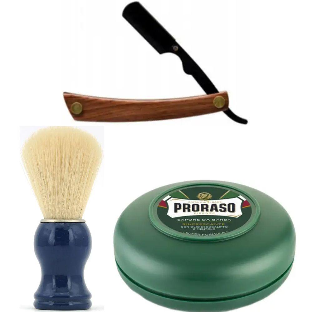 Небезпечна бритва/шавета розкладна Straight Razor + помазок SHIMA синій + мило для гоління Proraso Rinfrescante Green Eucalyptus, фото 1