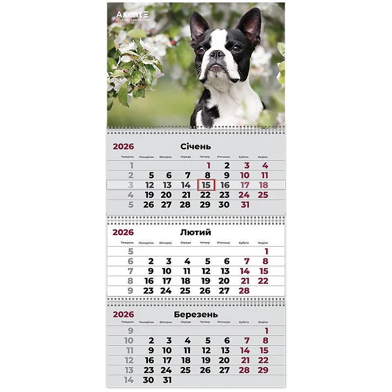 Календар настінний квартальний 2026 р. Axent, 8803-26-17-A 3 пр. Dogs 2, фото 1
