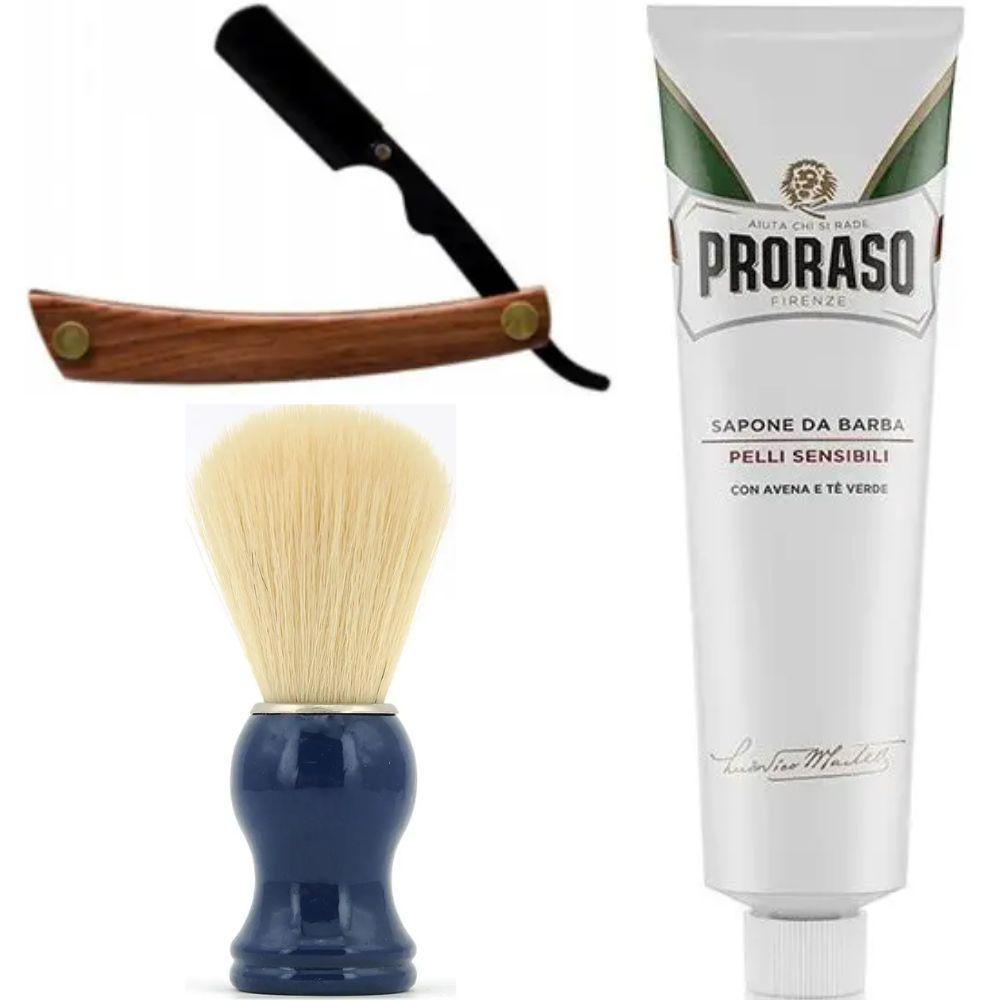 Небезпечна бритва/шавета розкладна Straight Razor + SHIMA синій + крем для гоління Proraso для чутливої шкіри з зеленим чаєм, фото 1