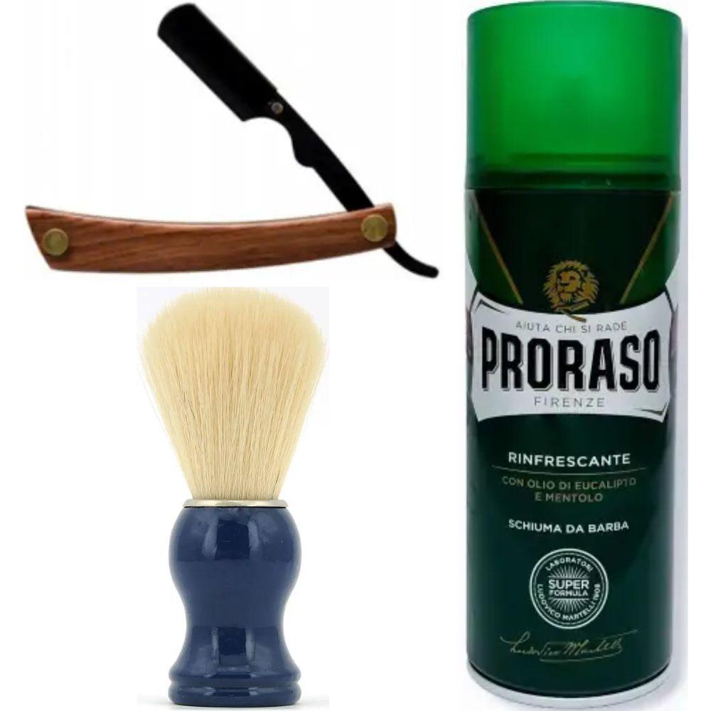 Небезпечна бритва/шавета розкладна Straight Razor + помазок SHIMA синій + піна для гоління Proraso тонізуюча евкаліпт і ментол, фото 1