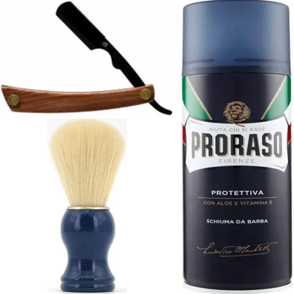 Небезпечна бритва/шавета розкладна StraightRazor + помазок SHIMA синій + піна для гоління Proraso з екстрактом алое та вітаміном Е, фото 1