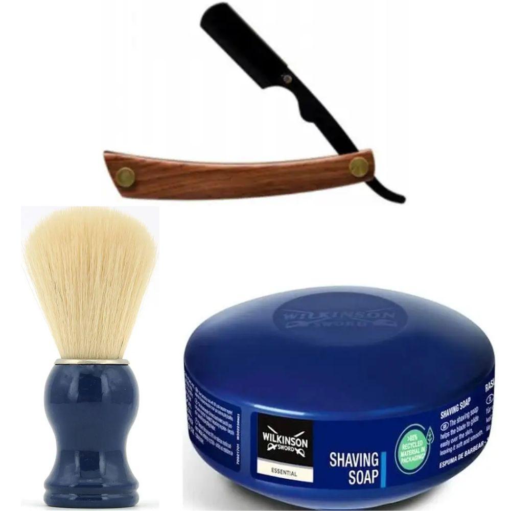Небезпечна бритва/шавета розкладна Straight Razor + помазок SHIMA синій + мило для гоління Wilkinson Essential 125г, фото 1
