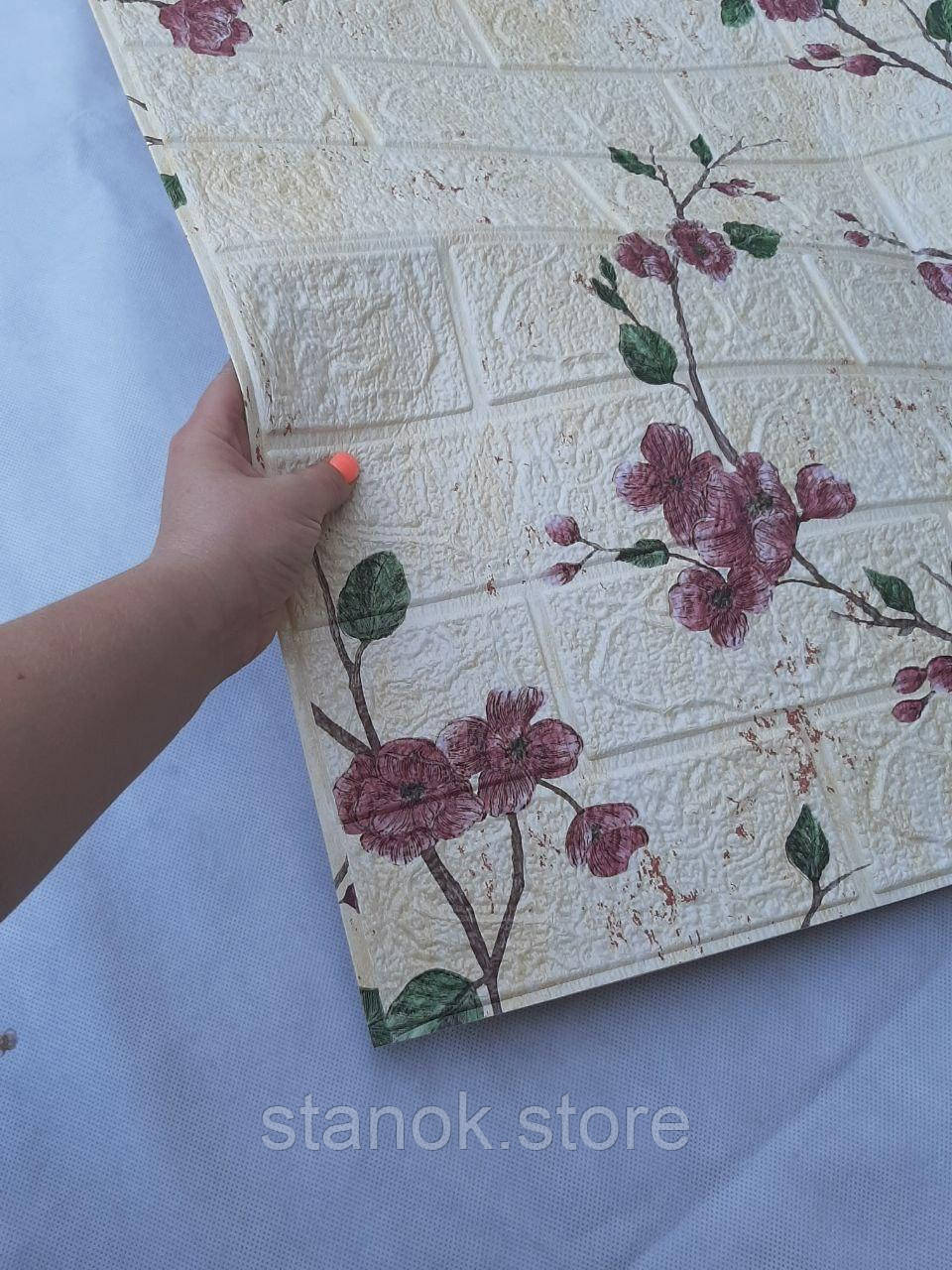 Декоративна самоклеюча 3D панель під білу цеглу із зображенням магнолії. 700x770x5 мм., фото 1