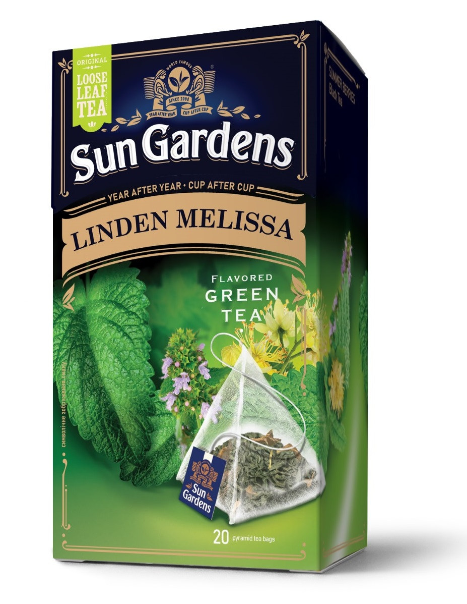 Зелений чай Sun Gardens Linden Melissa з липою та мелісою у пірамідках 20 шт., фото 1