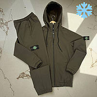 Теплий чоловічий костюм спортивний Stone стон айленд Soft Shell водовідштовхуючий на флісі осінь-зима хаки