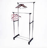 Універсальна телескопічна підлогова стійка для одягу підвійна пересувна стійка для одягу з колесами та поличкою для взуття, фото 4