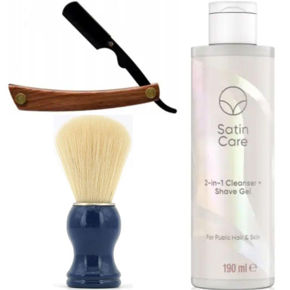 Небезпечна бритва/шавета розкладна Straight Razor + помазок SHIMA синій + гель для гоління Gillette Venus Venus Satin Care 2 в 1, фото 1