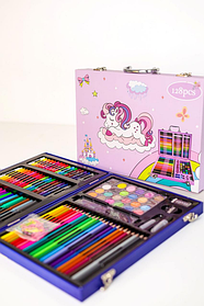 Набір для творчості у дерев'яній сумці 128 предметів для дітей рожевий та блакитний для малювання та творчості