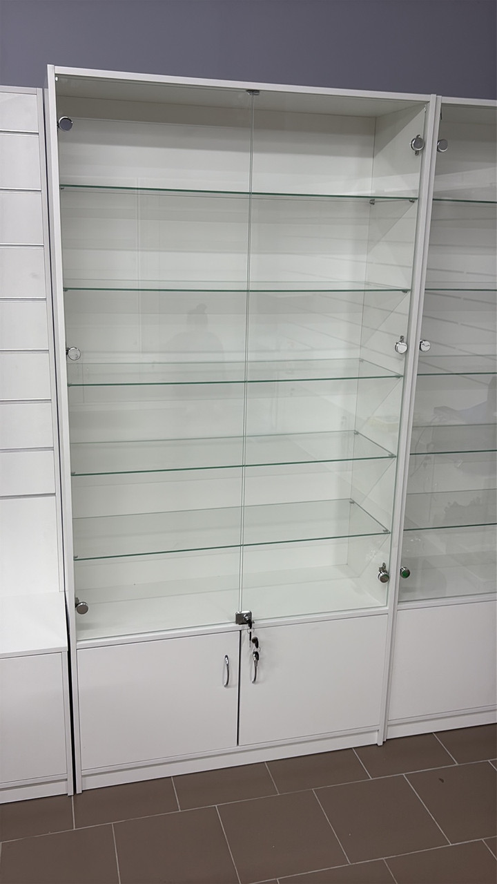 Стелаж із ДСП білий із накопичувачем зі скляними поличками "СТАНДАРТ" СТ-6.2 200х100х34