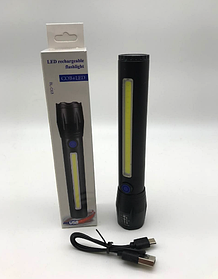 Ліхтарик акумуляторний світлодіодний USB з фокусуванням 3 режими вологозахищений ударостійкий чорний 165 мм