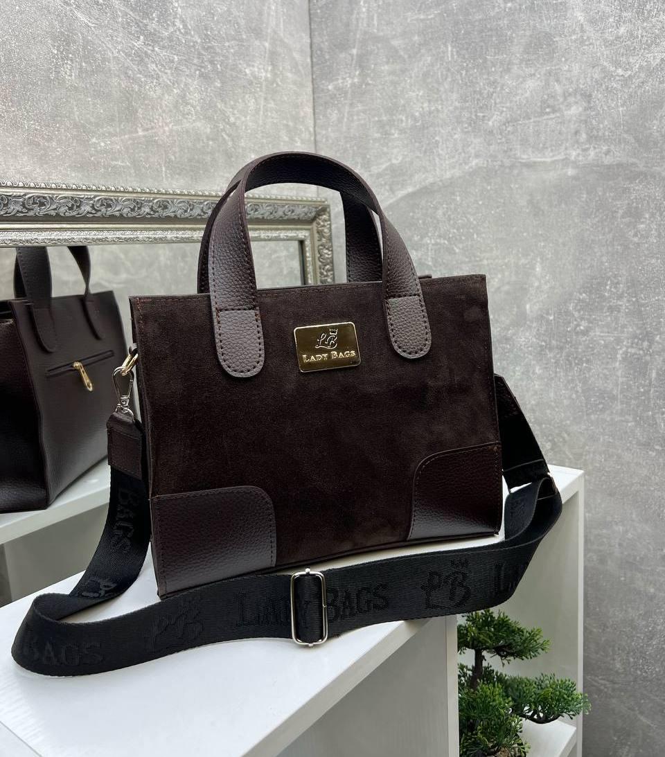 Сумка жіноча чорна середнього розміру сумочка коричнева натуральна замша+шкірзам