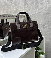 Сумка жіноча чорна середнього розміру сумочка коричнева натуральна замша+шкірзам